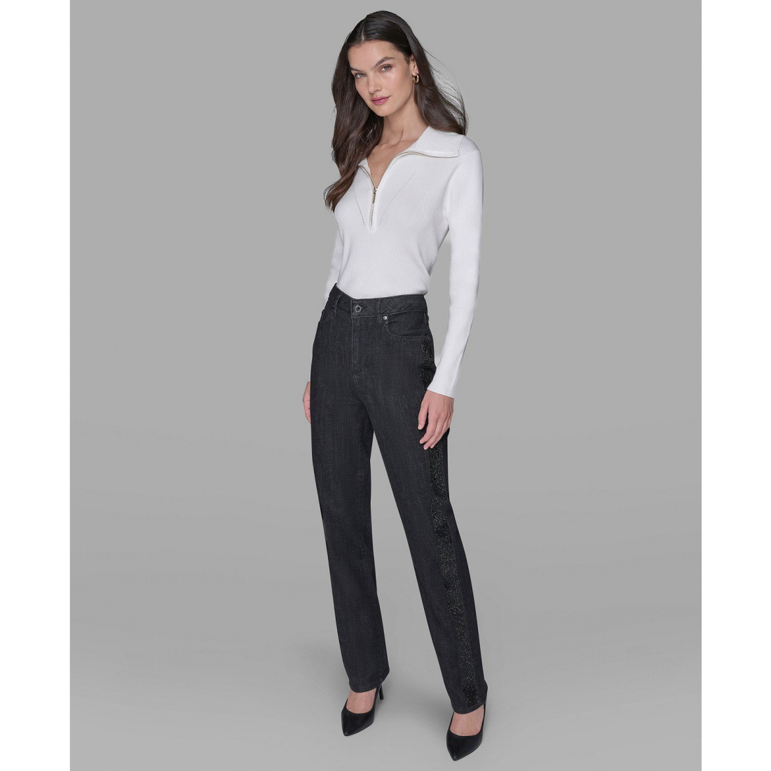 Jeans 'Rhinestone-Stripe Straight-Leg Jeans' pour Femmes