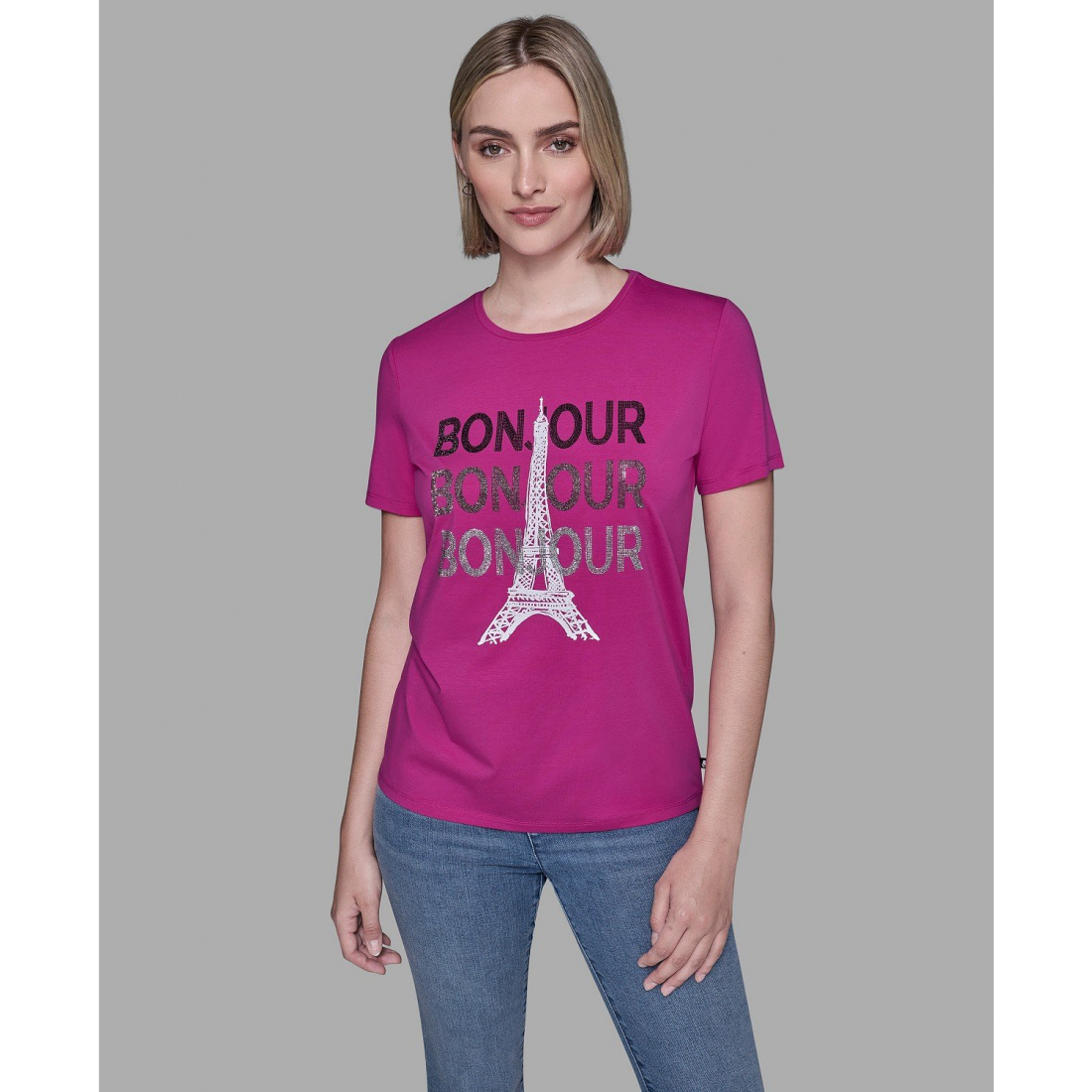 T-shirt 'Crewneck Bonjour Eiffel Tower Embellished T-Shirt' pour Femmes