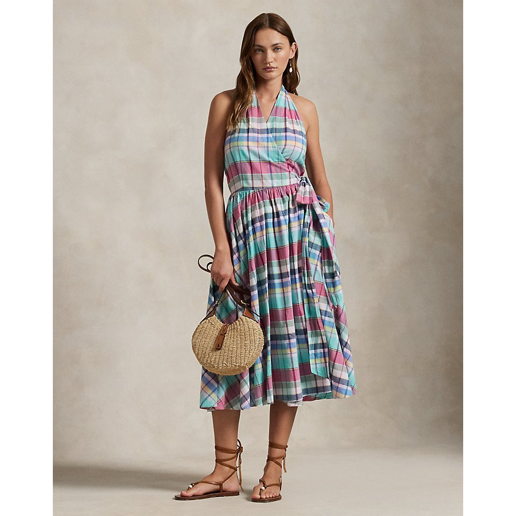 'Plaid Cotton Halter Wrap Dress' pour Femmes