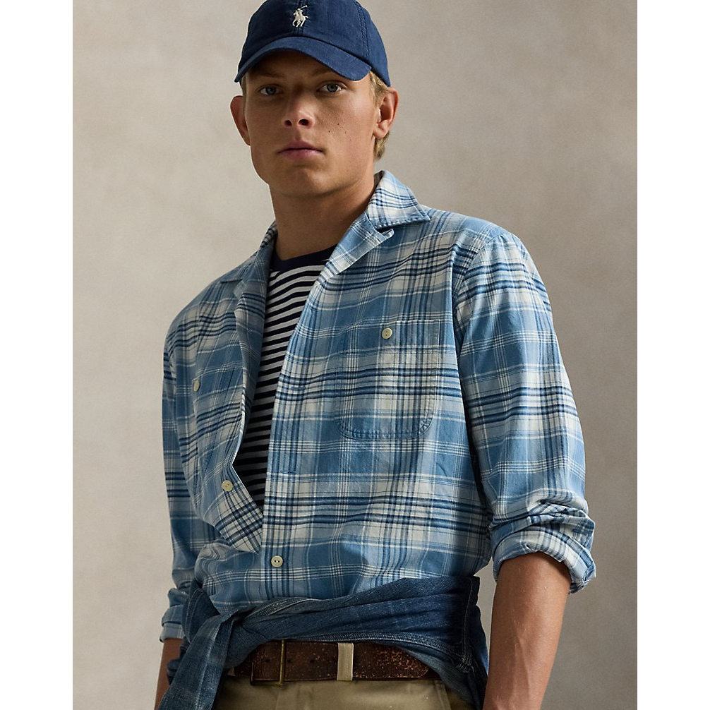 'Classic Fit Indigo Plaid Camp Shirt' pour Hommes