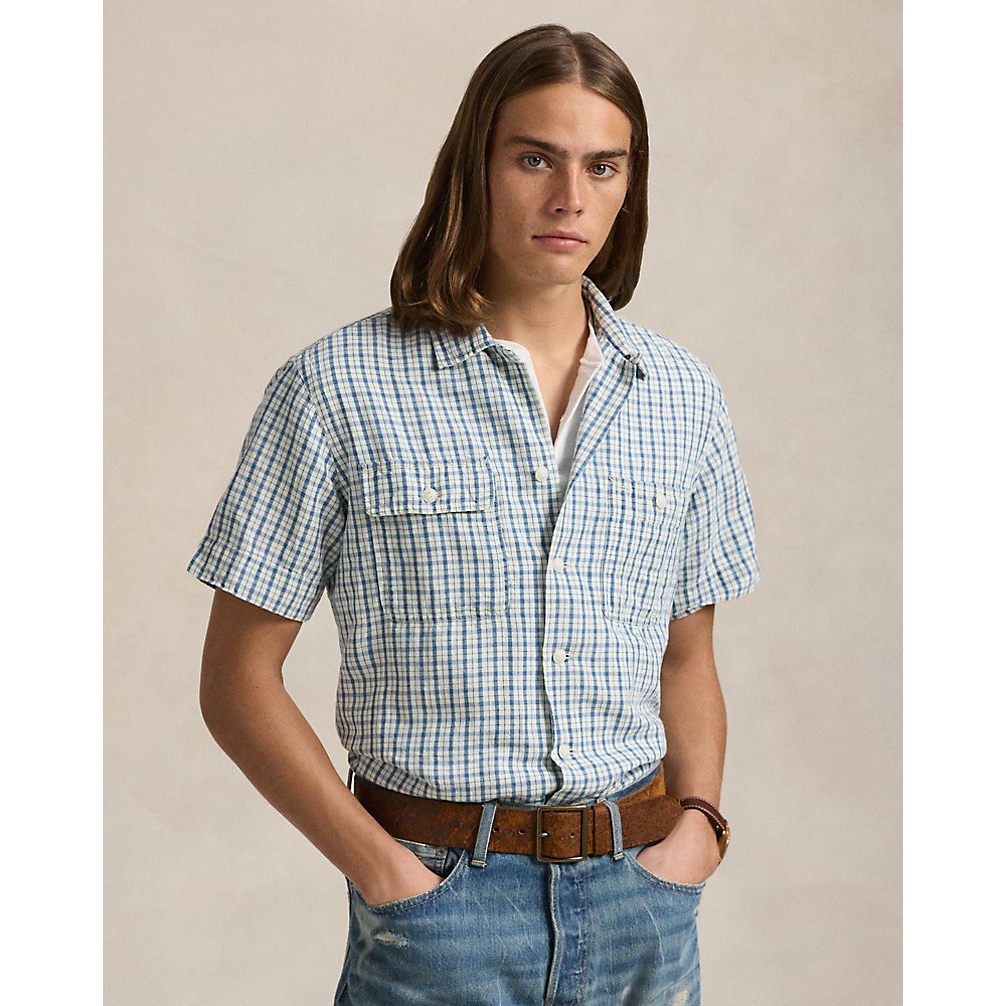 'Classic Fit Plaid Cotton-Linen Shirt' pour Hommes