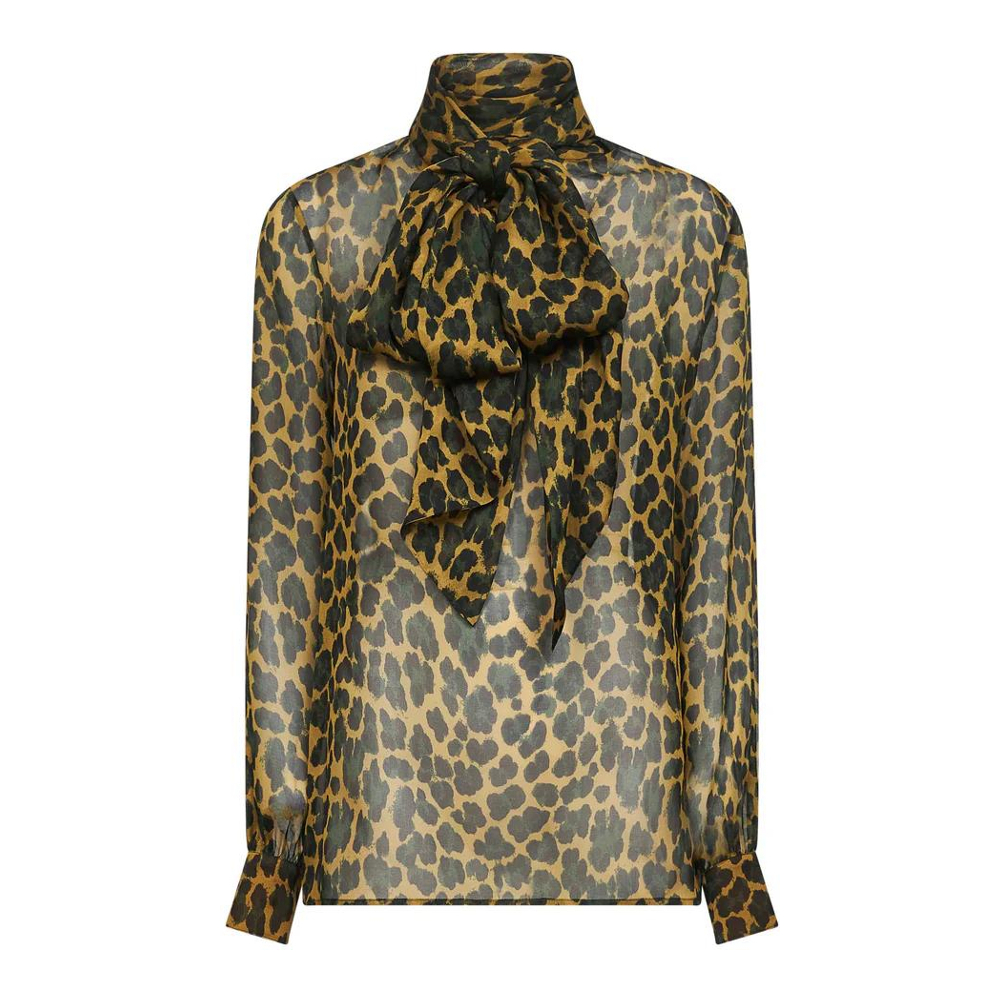 'Leopard Print Bow' Langärmelige Bluse für Damen
