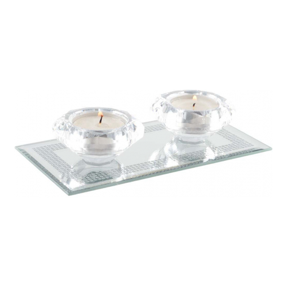 Double Crystal Candle Holder On Silver Mirror Rectangle Base