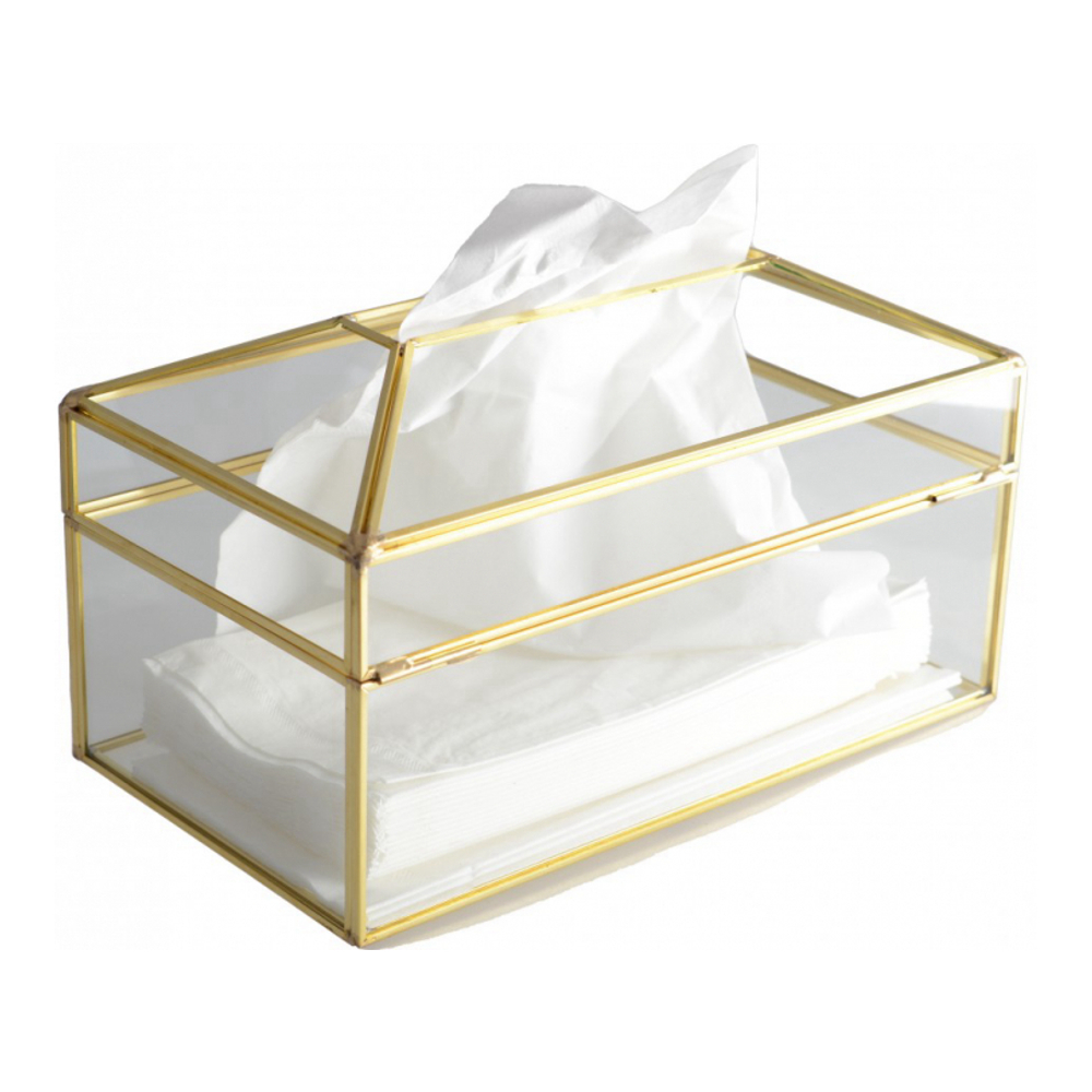 Rectangular Glass Tissue Box With Golden Rim 19x11x10cm