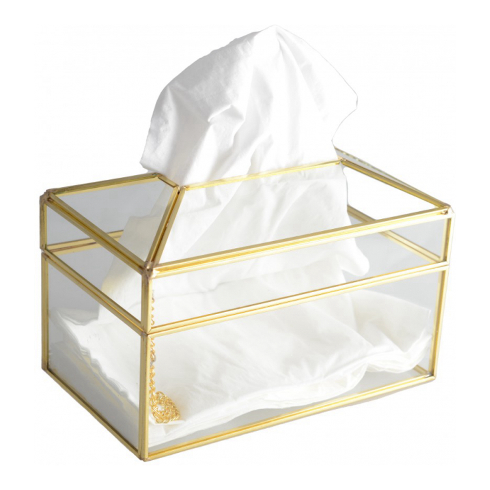 Quadratische, transparente Taschentuchbox mit goldenem Rand, 23 x 13 x 13 cm