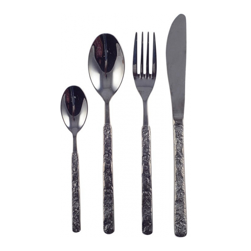 Shiny Black Cutlery Set With Hammered Finish - 24 Pieces