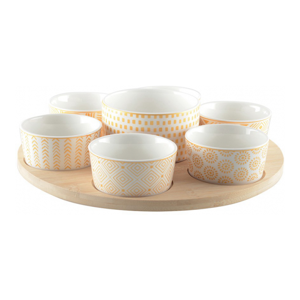 Appetizer Set With 7 Bowls On A Round Wooden Tray