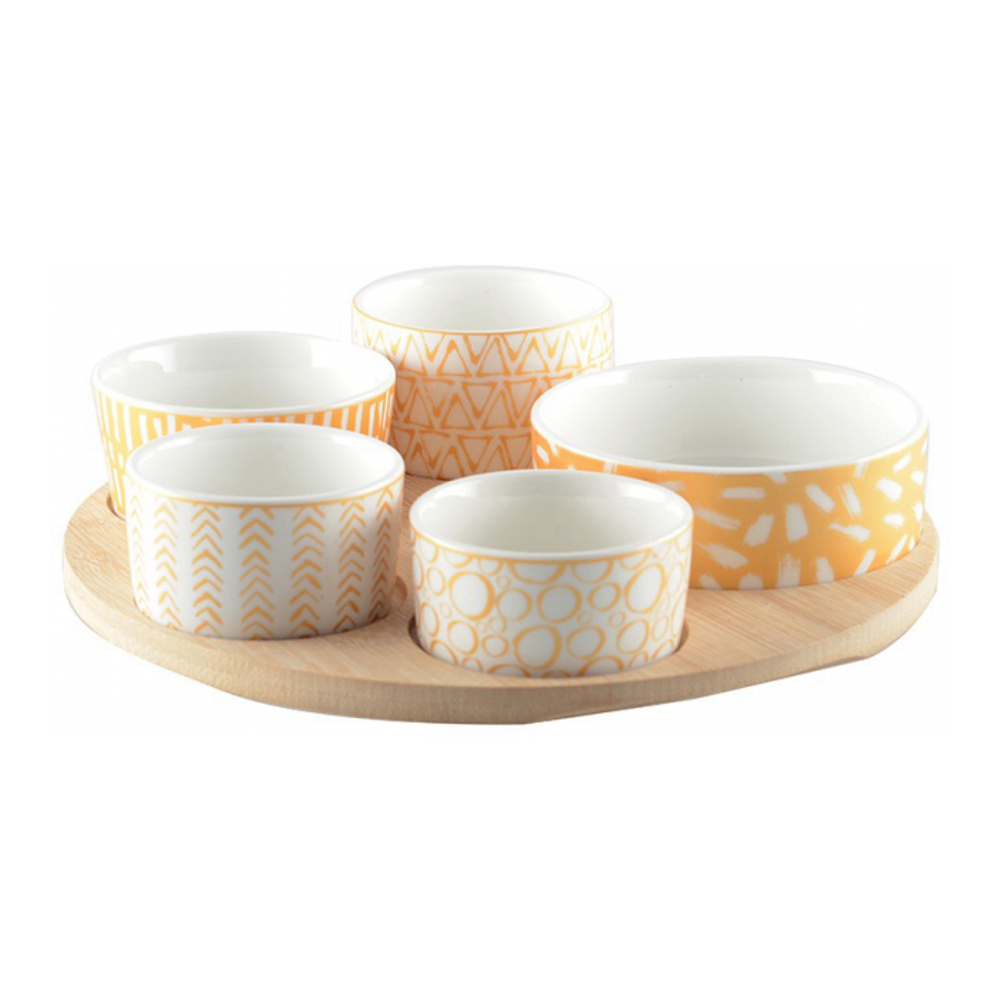 Appetizer Set With 5 Bowls On A Round Wooden Tray
