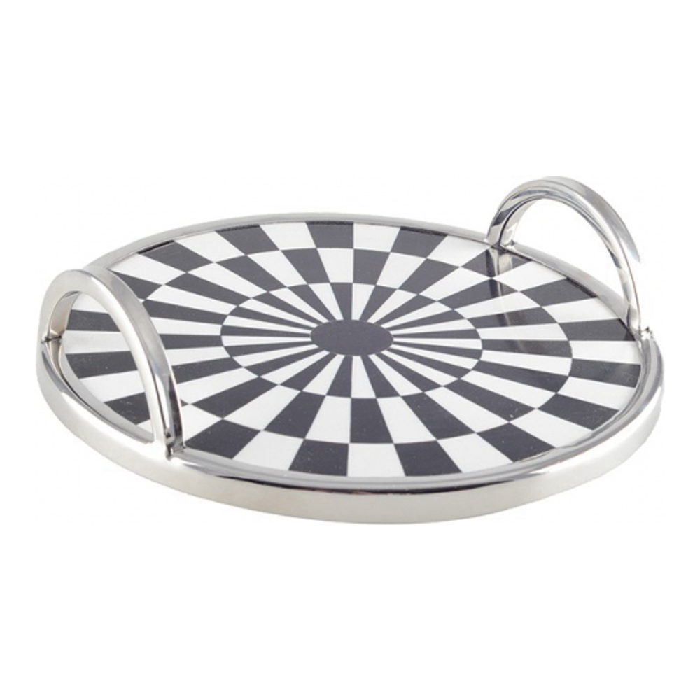 Round Tray With Black And White Tiles 28x28x6cm