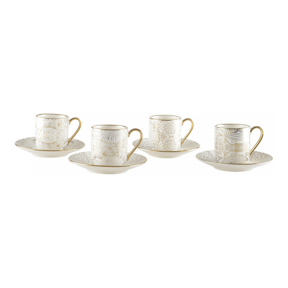 White Abstract Design Coffee Cups With Saucers - Set Of 4