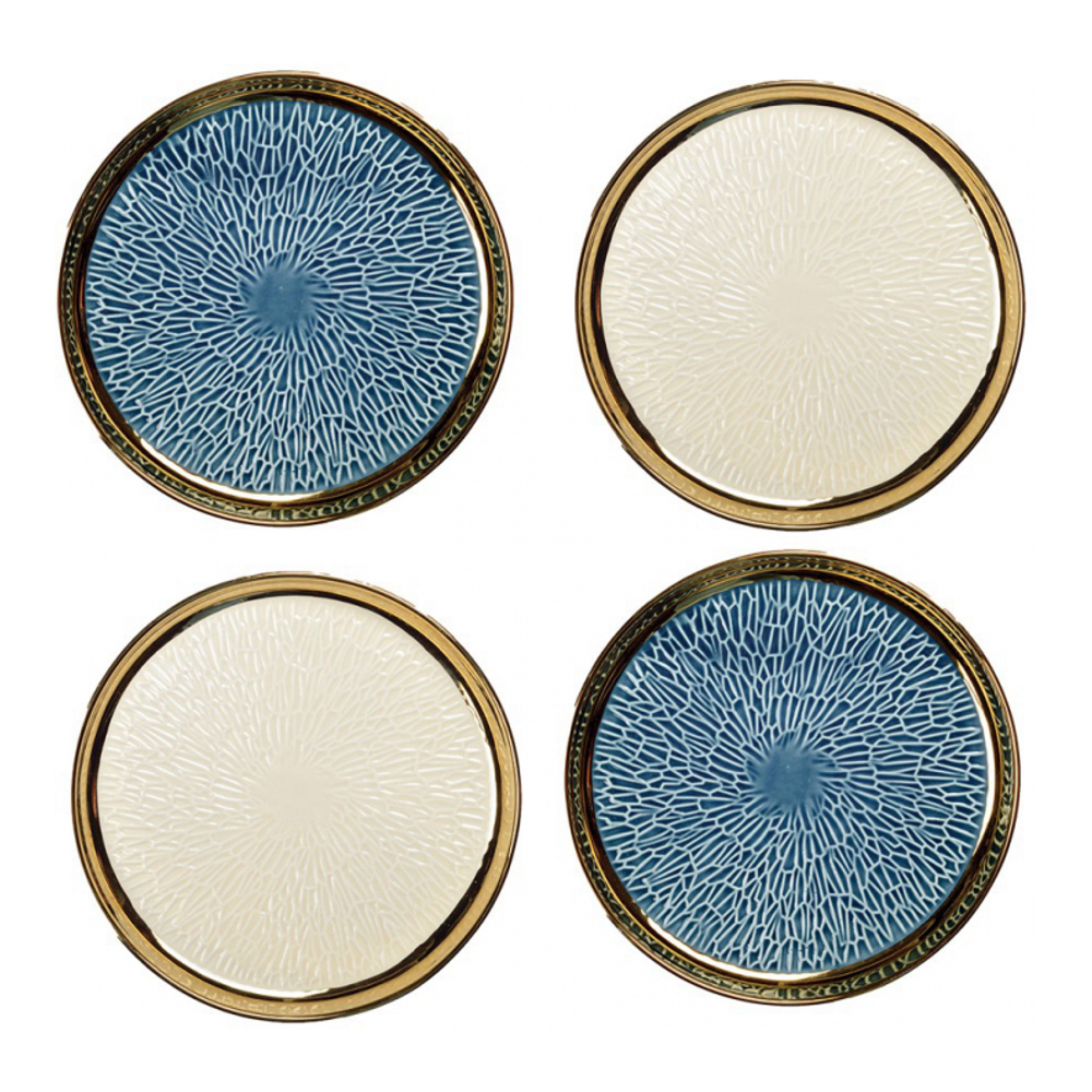 Dessert Plate With Gold Rim, 2 Blue And 2 Cream - Set Of 4
