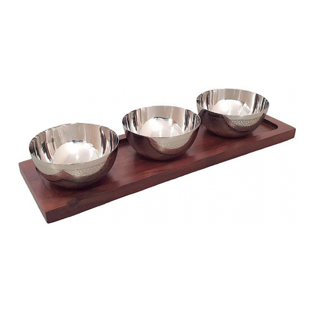 Aperitif Set 3 Silver Bowls On Wooden Tray 35x11cm