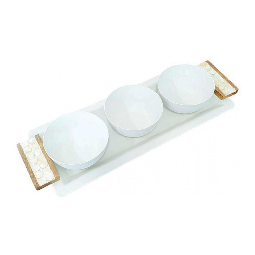 Set Apéritif De 3 Coupelles Sur Plateau Blanc Et Bois 33x14cm
