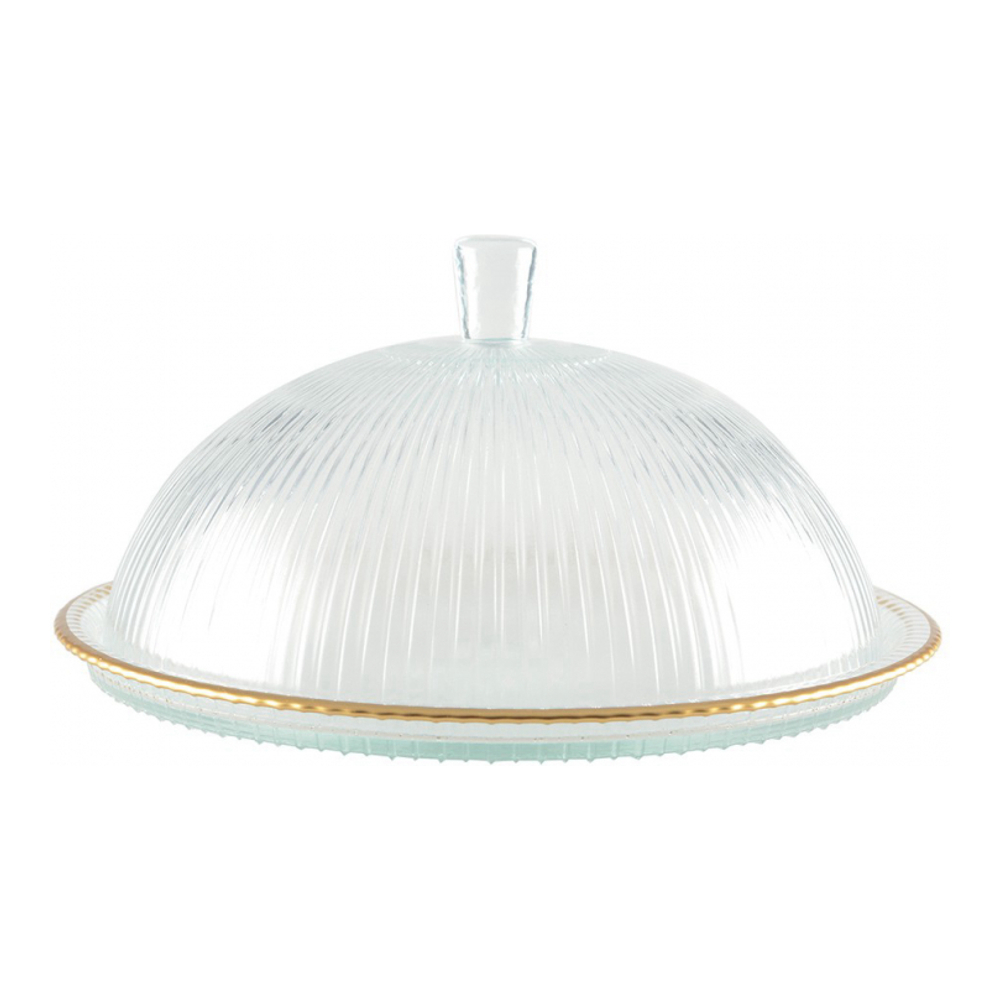 Glass Cloche With Gold Edges On Plate 32x32x17cm