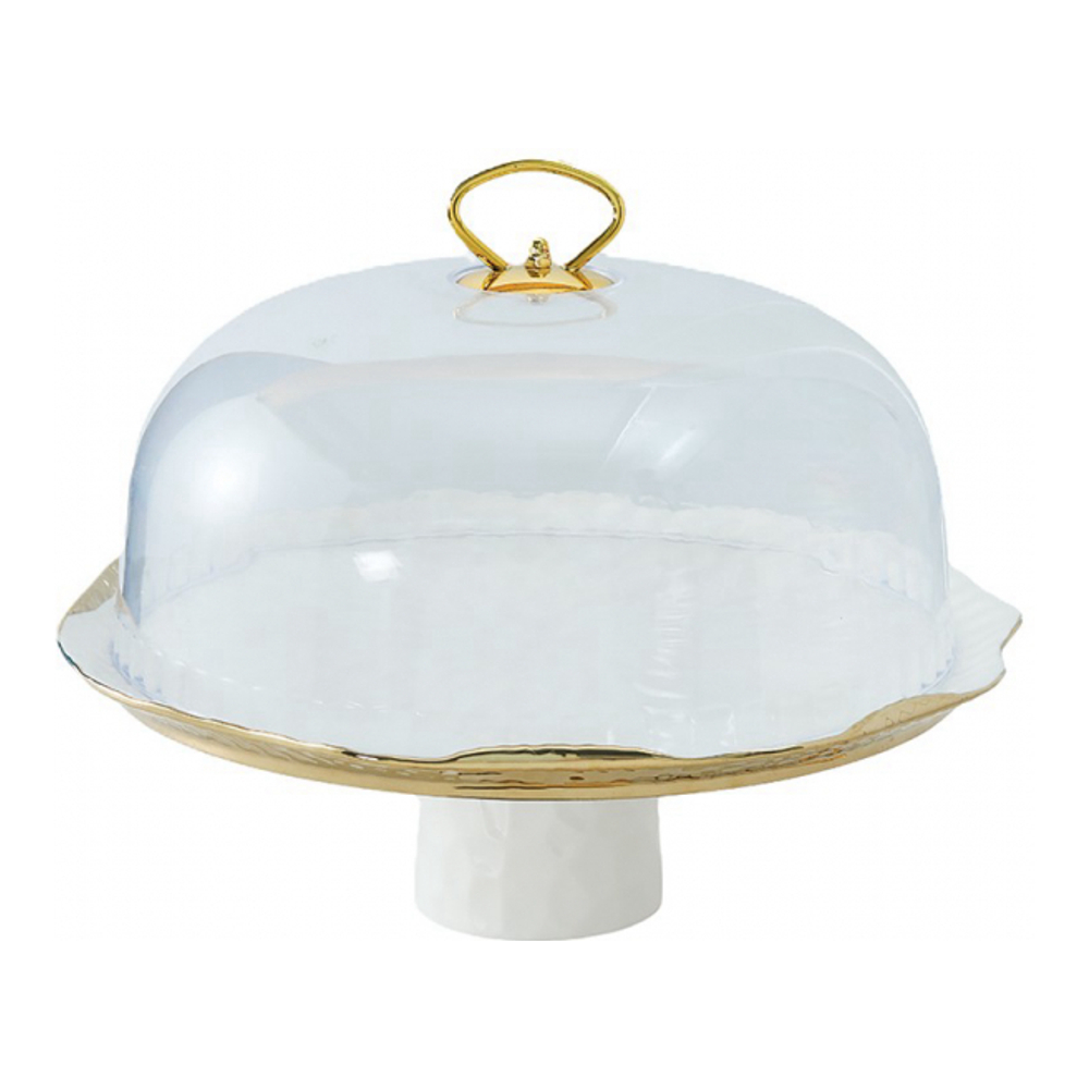 White Porcelain Cake Dome With Golden Rim And Cake Server