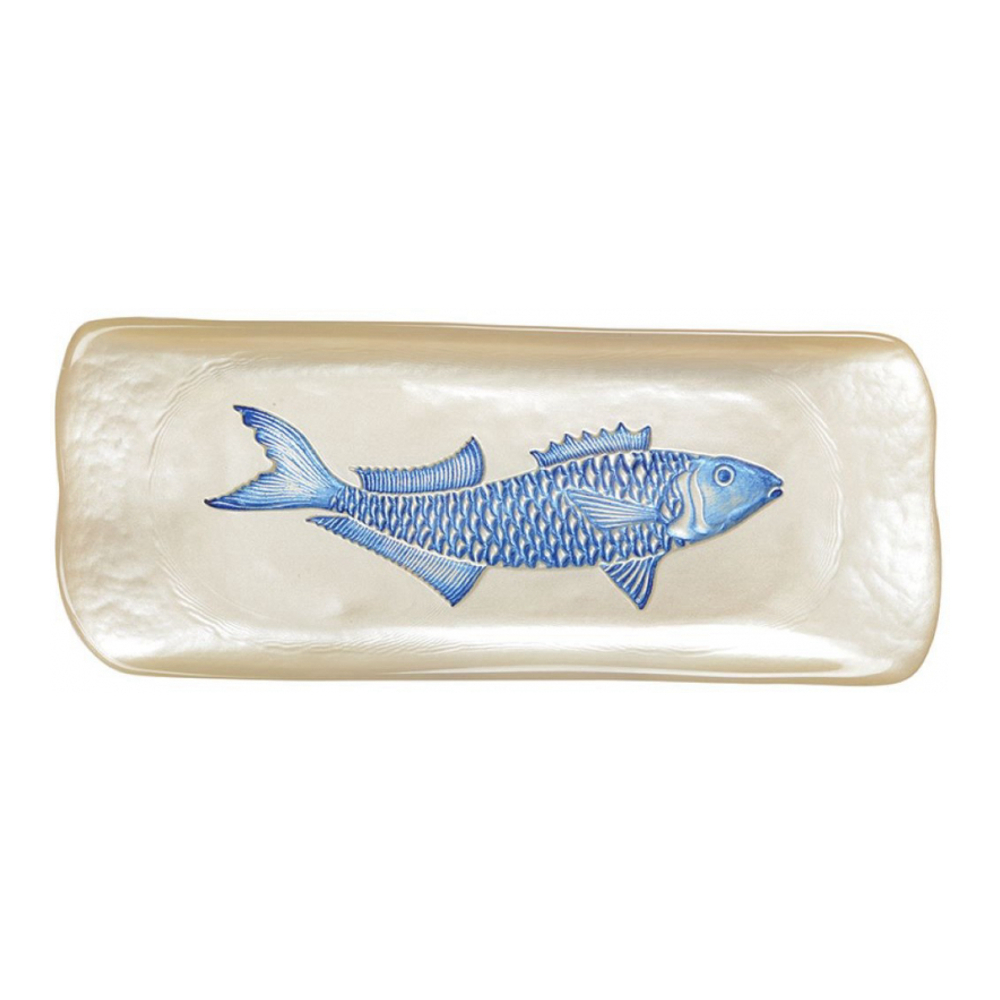 Plat Rectangulaire Vanille Avec Poisson Bleu 31.7x12.7x2.5cm