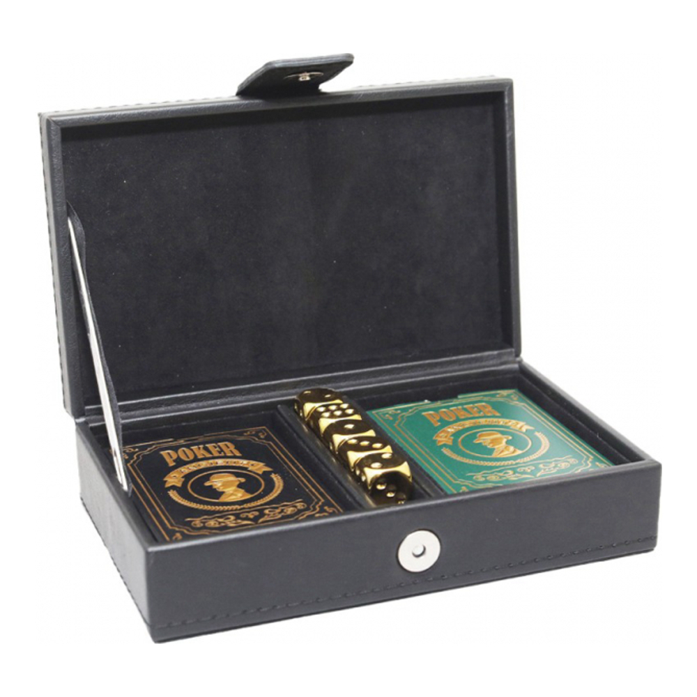2 Sets Of Poker And 5 Golden Dice In Black Faux Leather Case