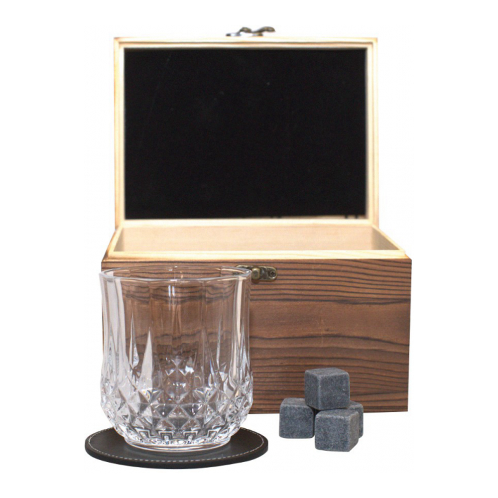 Wooden Whiskey Box With Coasters And Stone Ice Cubes