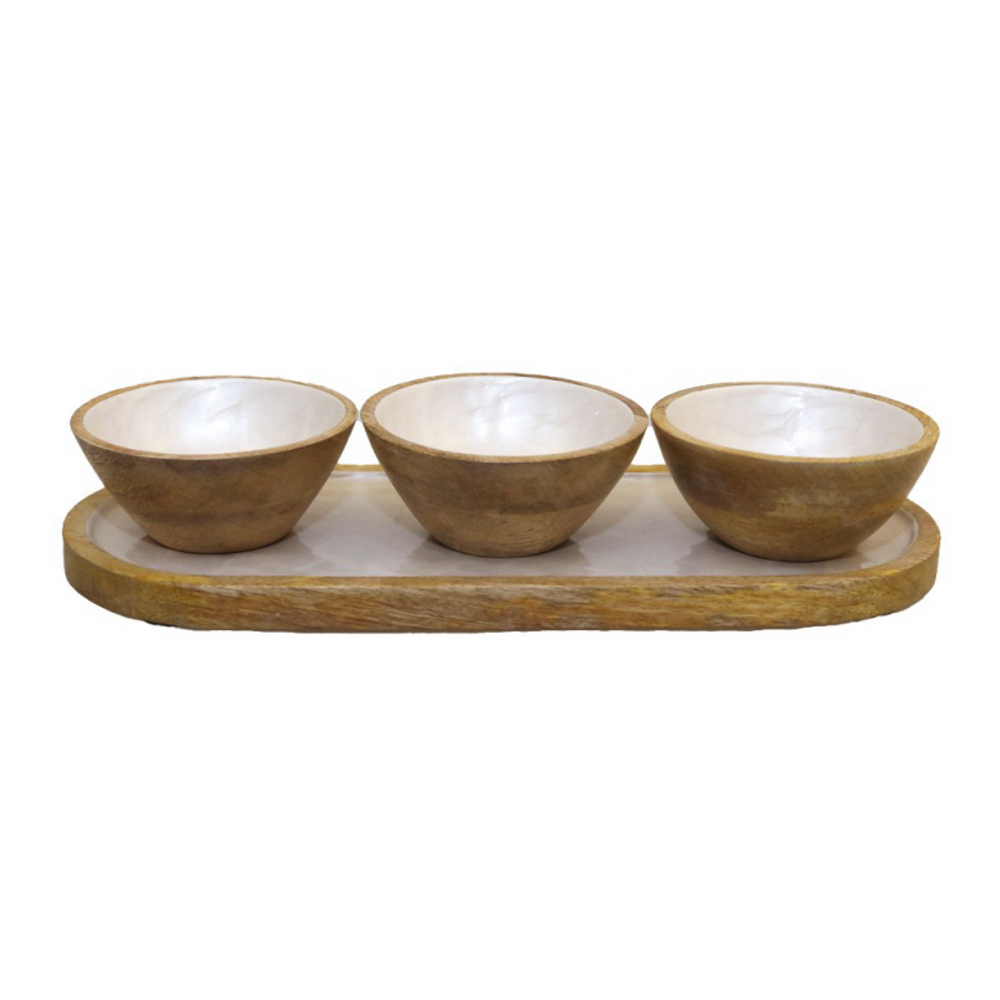 Appetizer Set With 3 White Bowls On A White Wooden Tray