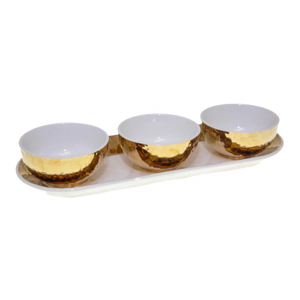 Set Of 3 White And Gold Dishes On Tray