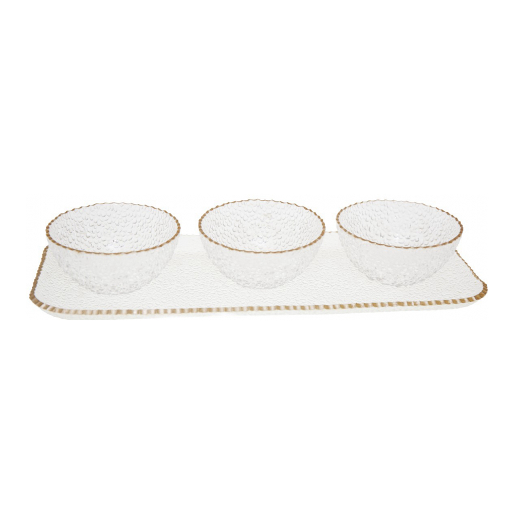 Aperitif Set Of 3 Bowls On Gold Rim Tray