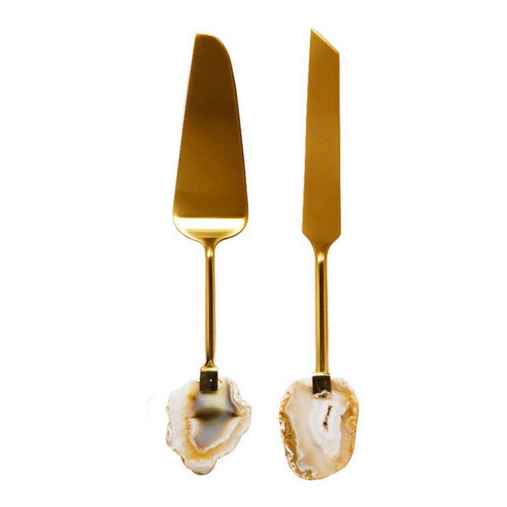 Beige Agate Stone Gilded Pie Server And Knife