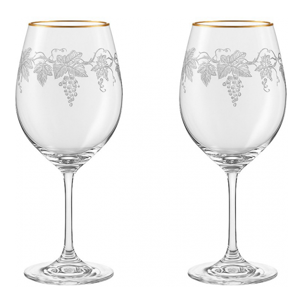 Wine Glasses Engraved Vine Gold Rim - Set Of 2