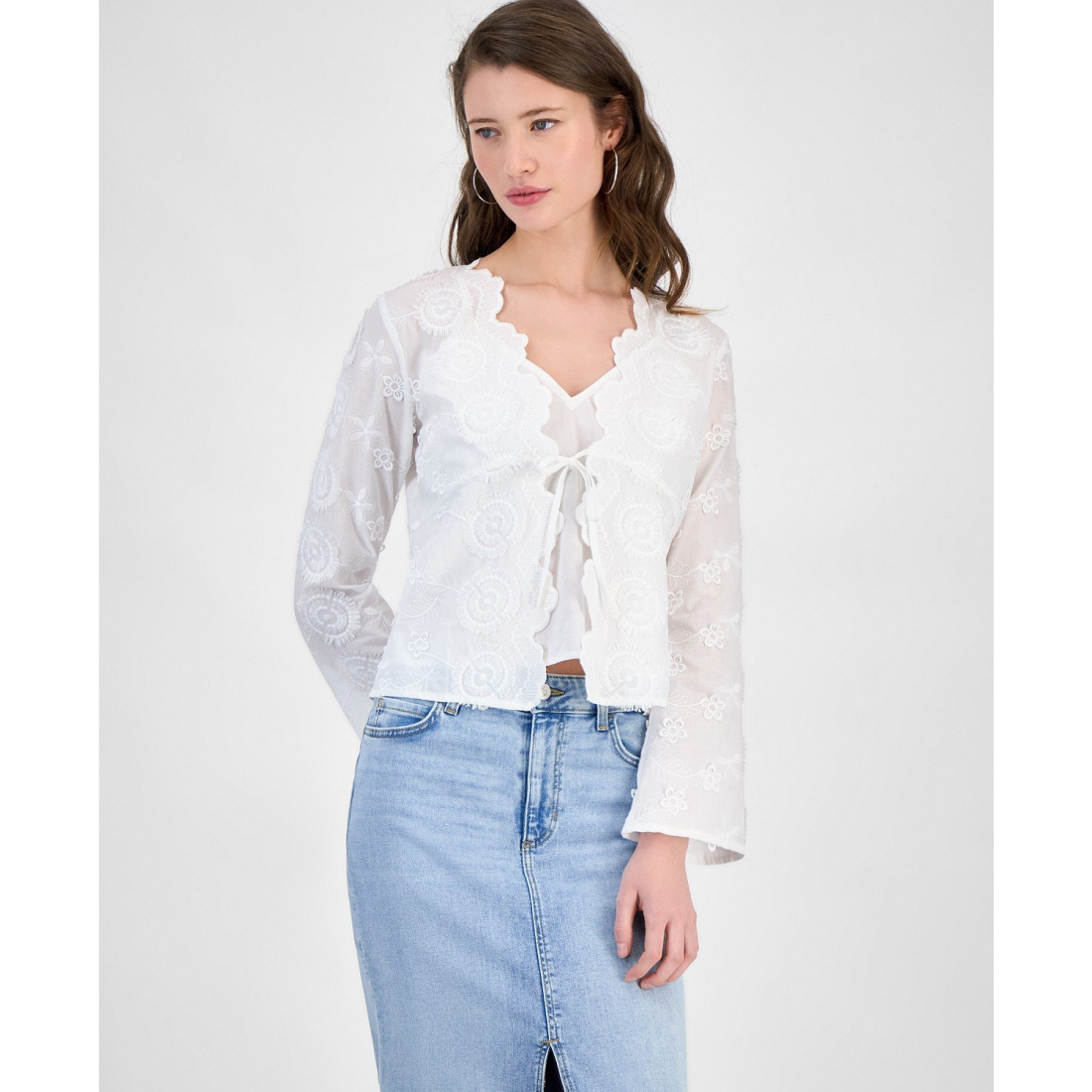 Top à manches longues 'Embroidered Tie-Front' pour Femmes
