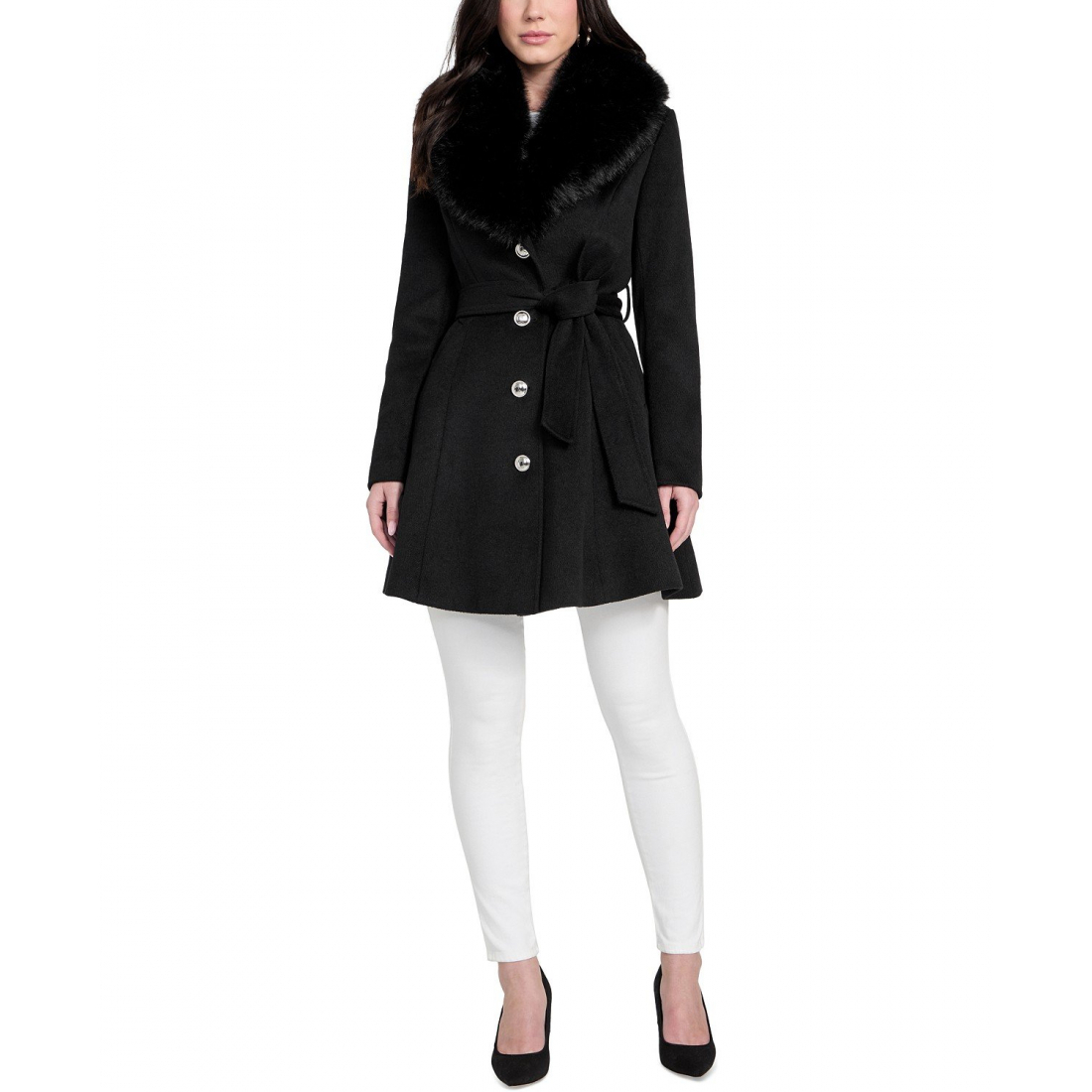 Manteau à ceinture 'Faux-Fur-Collar Button-Front' pour Femmes