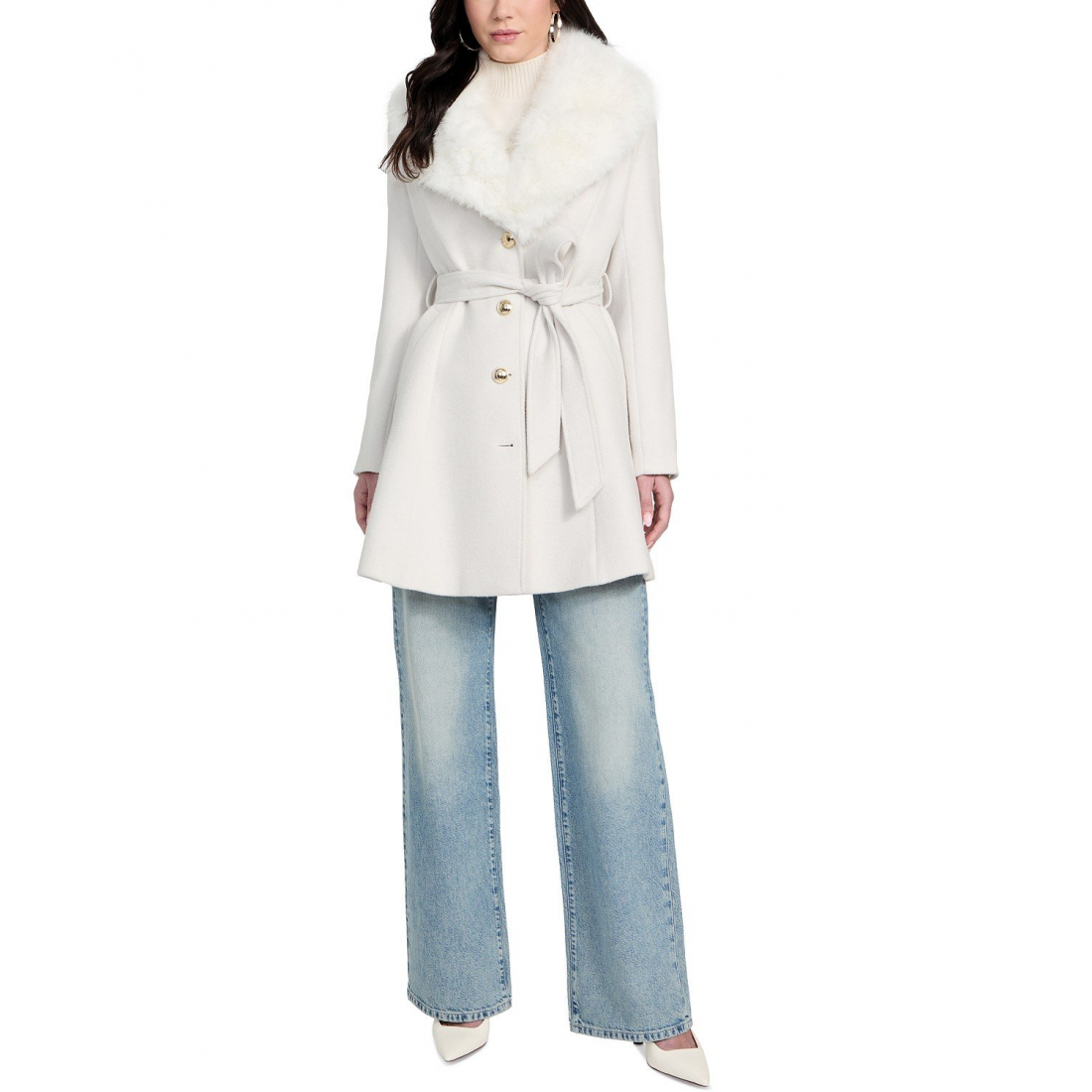 Manteau à ceinture 'Faux-Fur-Collar Button-Front' pour Femmes