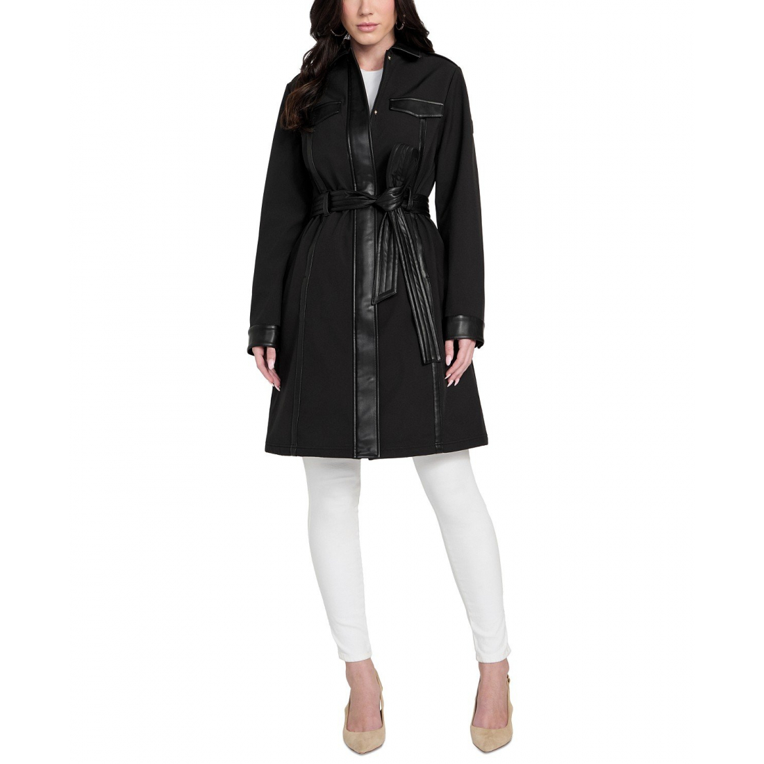 Trench 'Faux-Leather-Trim Belted' pour Femmes