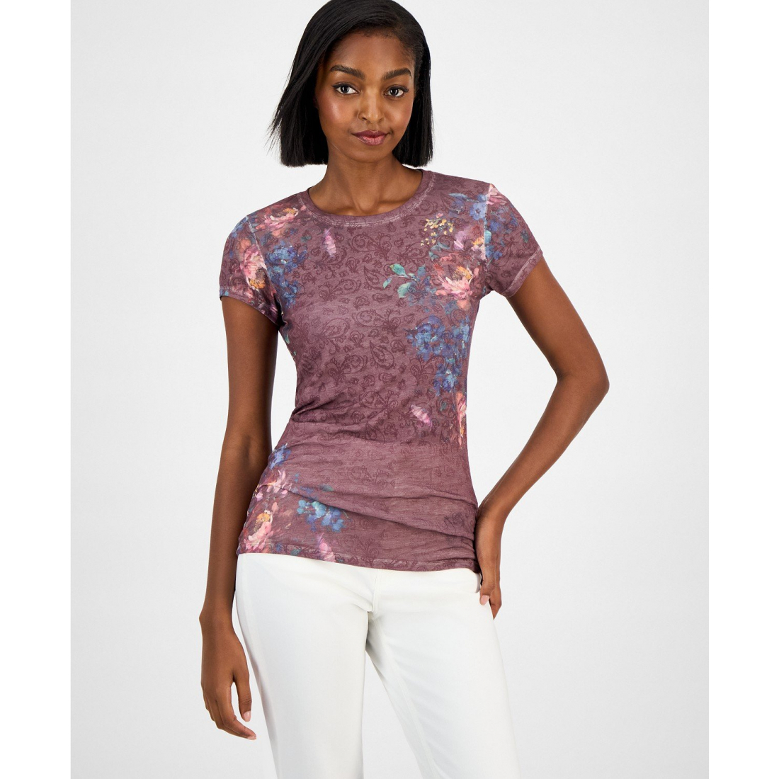 T-shirt 'Peony-Print Burnout' pour Femmes