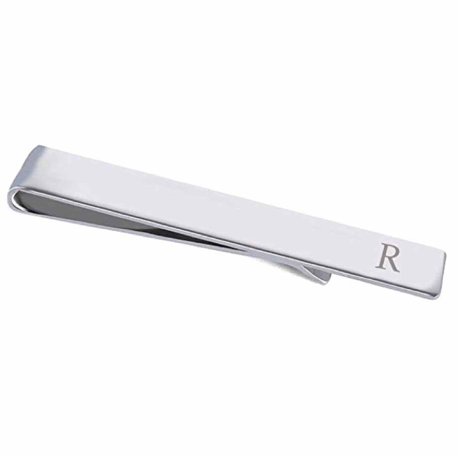 Men's '18K White Gold Plated R Initial Tie Bar' Tie Clip
