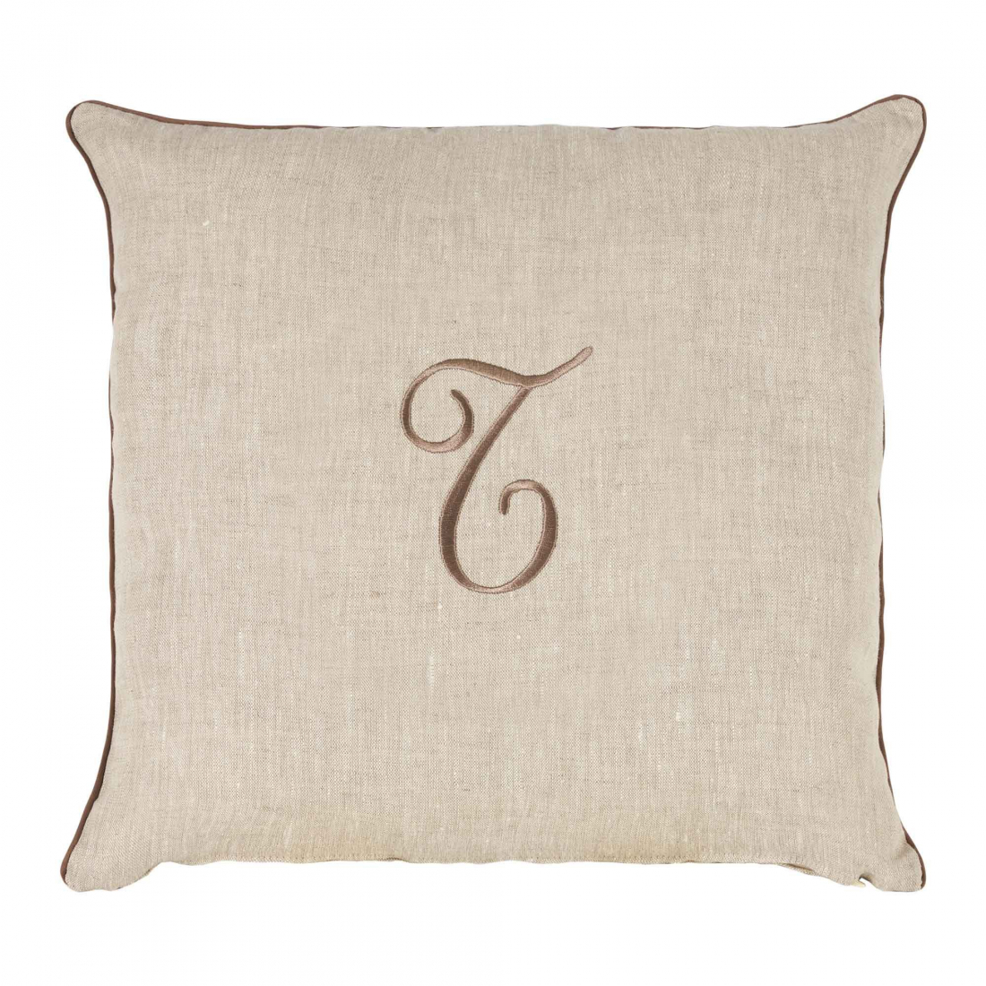 Zahra Decorative Pillowcase In Pure Linen Panama With T Monogram Embroidery