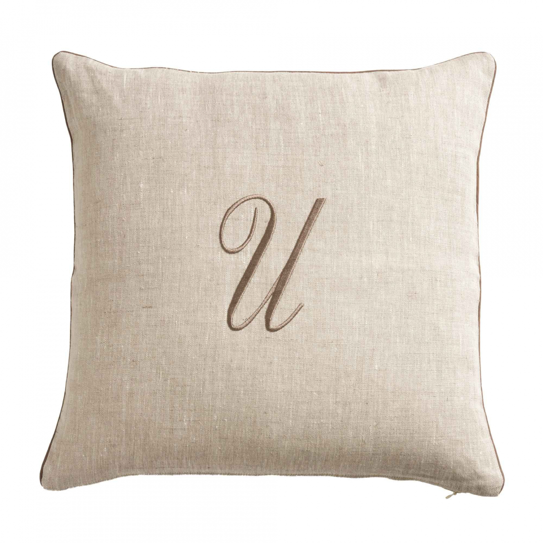 Zahra Decorative Pillowcase In Pure Linen Panama With U Monogram Embroidery