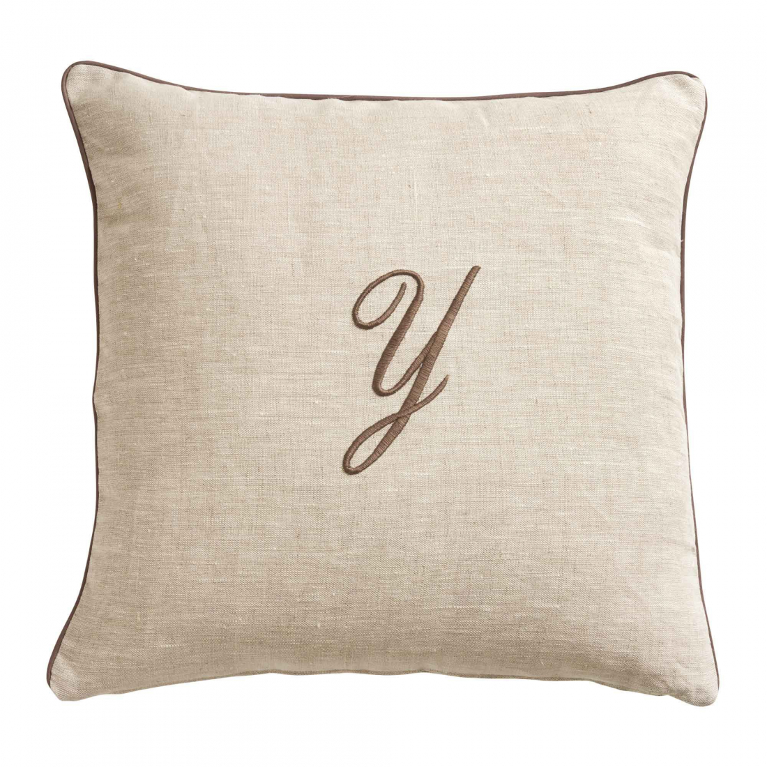Zahra Decorative Pillowcase In Pure Linen Panama With Y Monogram Embroidery