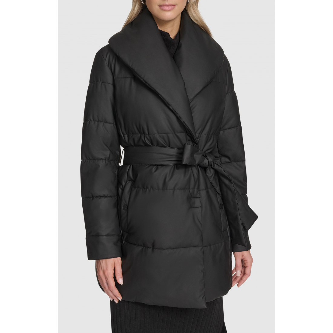 'Adela Faux Leather Shawl Collar Quilted' Wickelmantel für Damen
