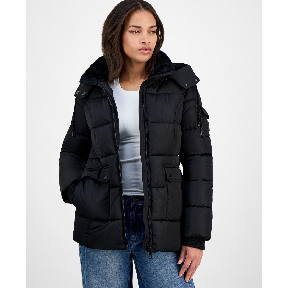 Women's 'Faux-Fur-Trim Hooded Utility-Pocket' Puffer Coat