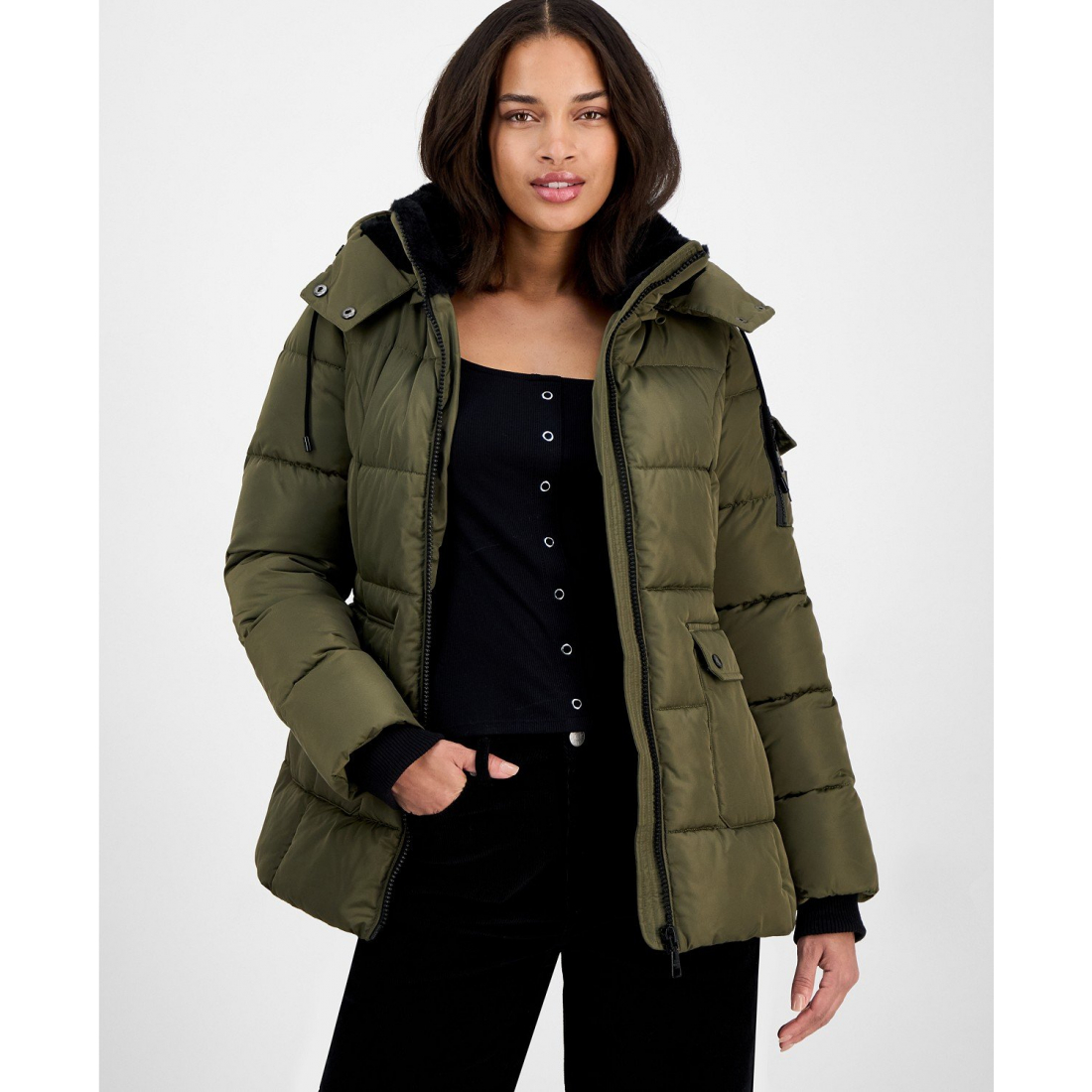 Manteau matelassé 'Faux-Fur-Trim Hooded Utility-Pocket' pour Femmes