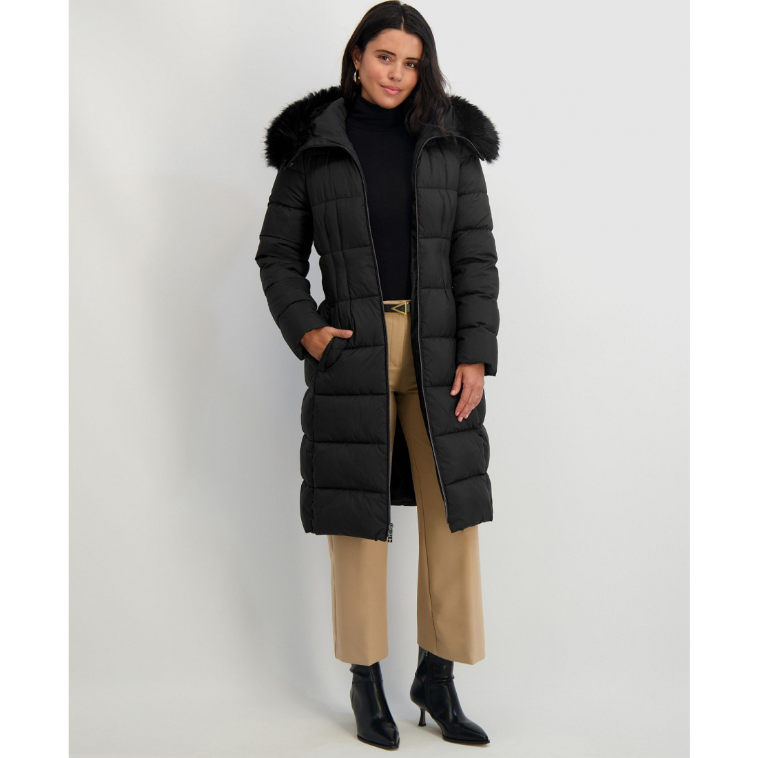Women's 'Faux-Fur-Trim Hooded Belted' Puffer Coat