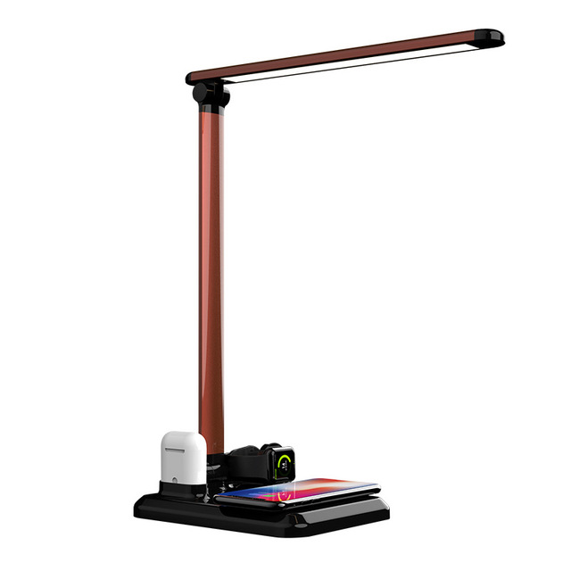 Foldable LED desk lamp with 4-in-1 Qi fast wireless charging stand - Brown