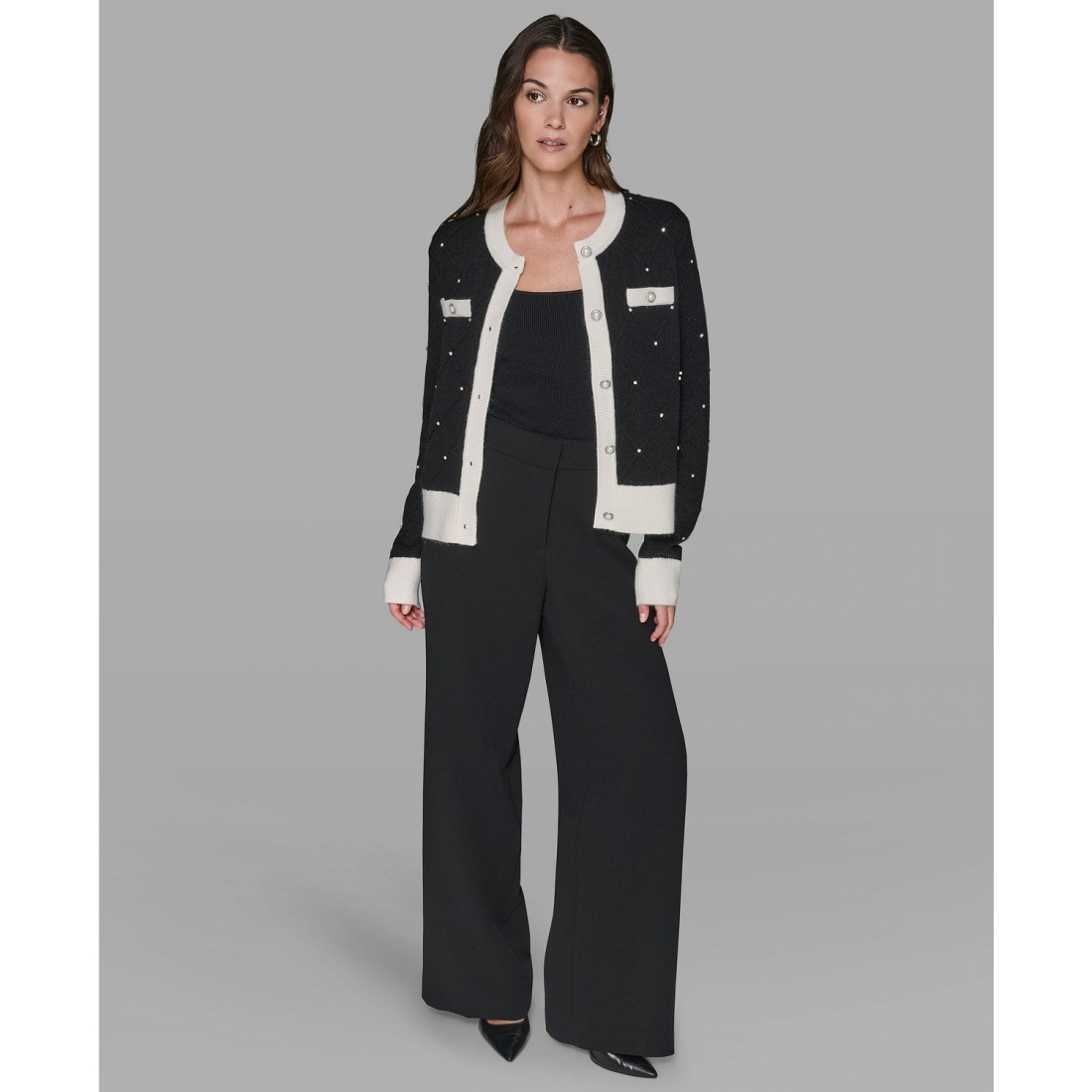 'Crew Neck Front-Button Cardigan Sweater' pour Femmes