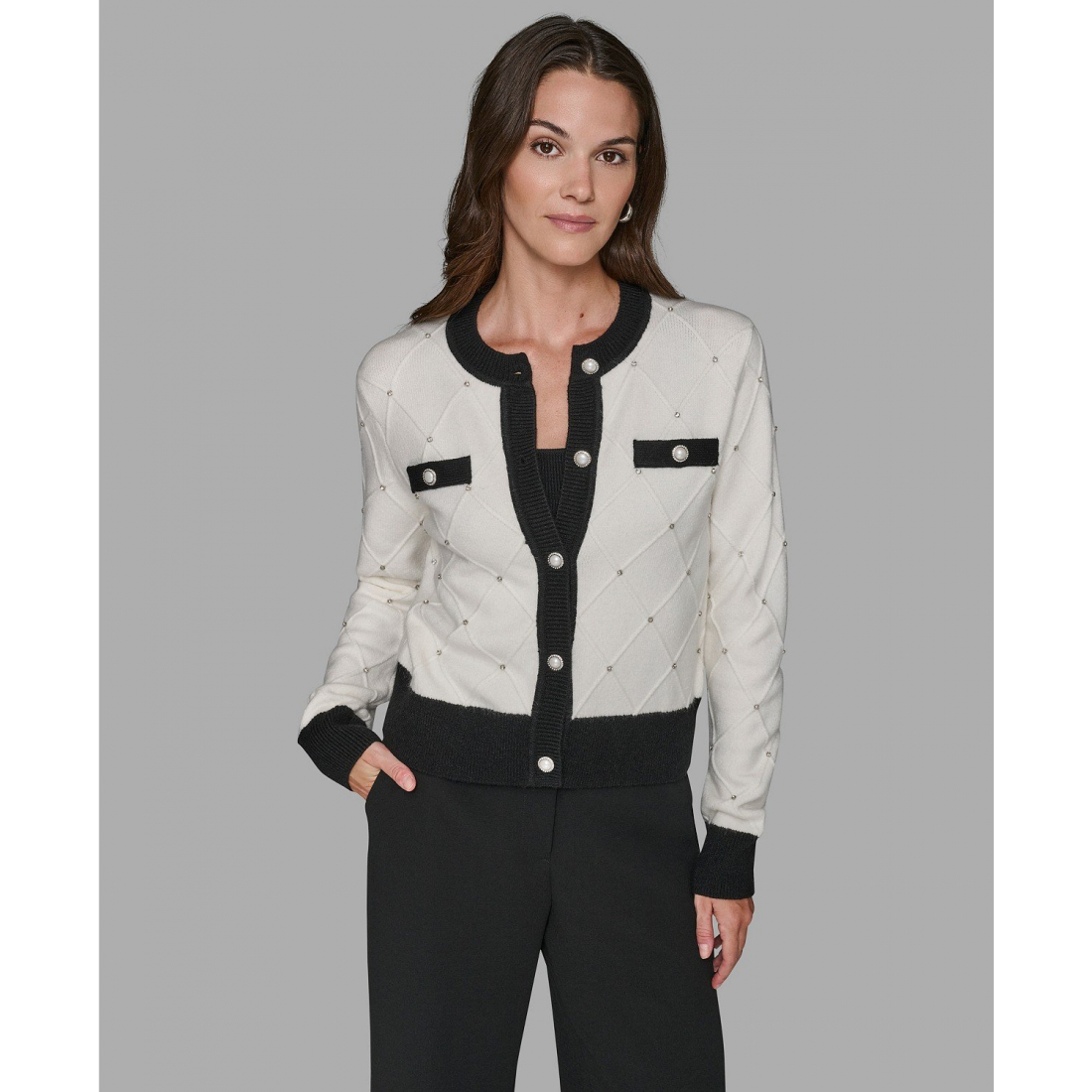 'Crew Neck Front-Button Cardigan Sweater' pour Femmes