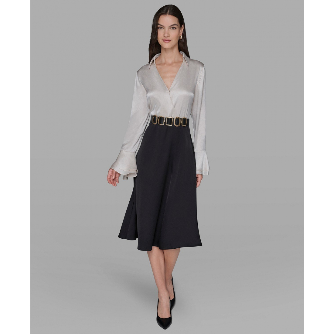 'Two Tone Collared Midi Dress' pour Femmes