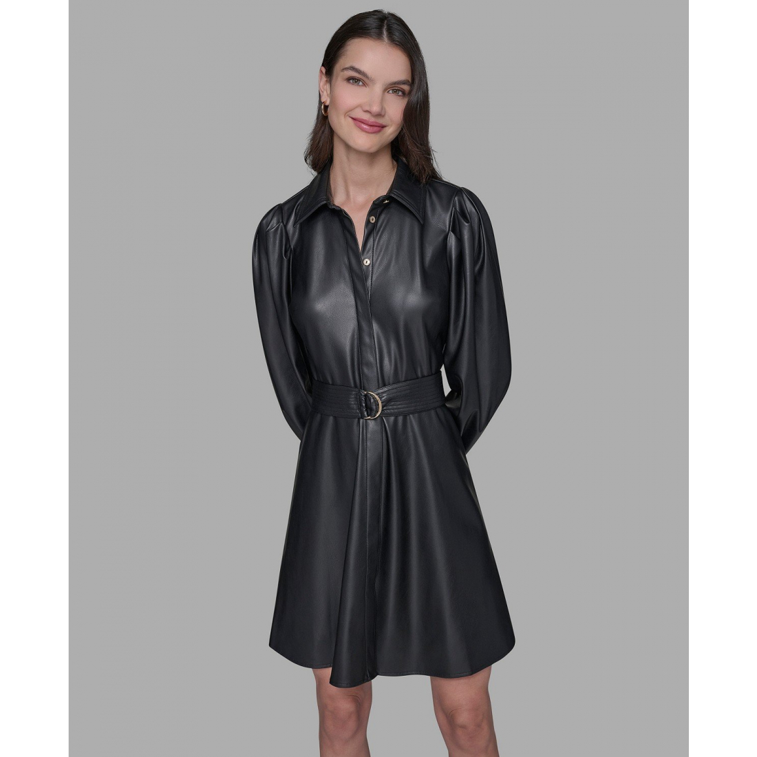 'Faux Leather Belted Shirt Dress' pour Femmes