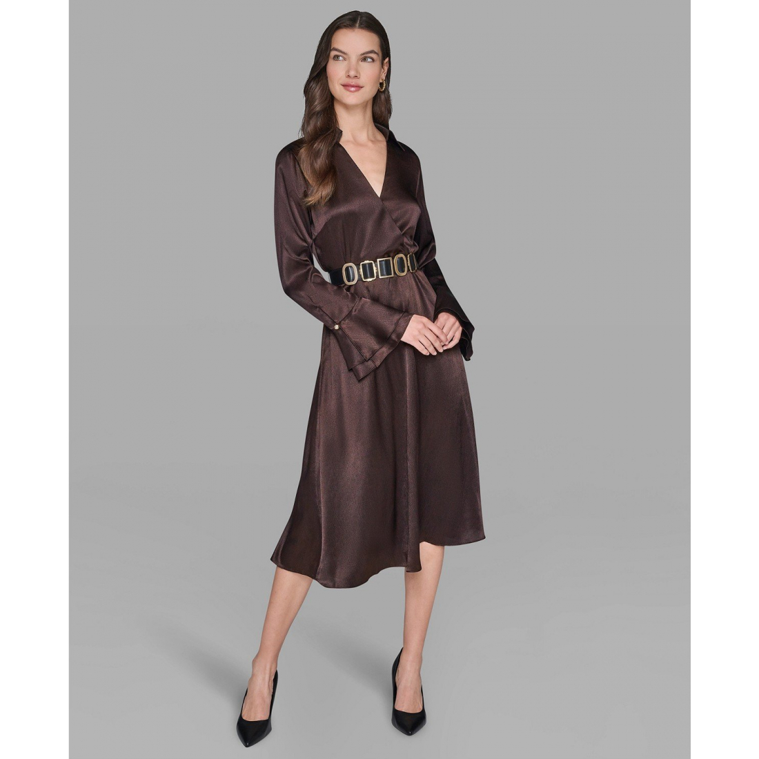 'Crinkle Long Sleeve Midi Dress' pour Femmes