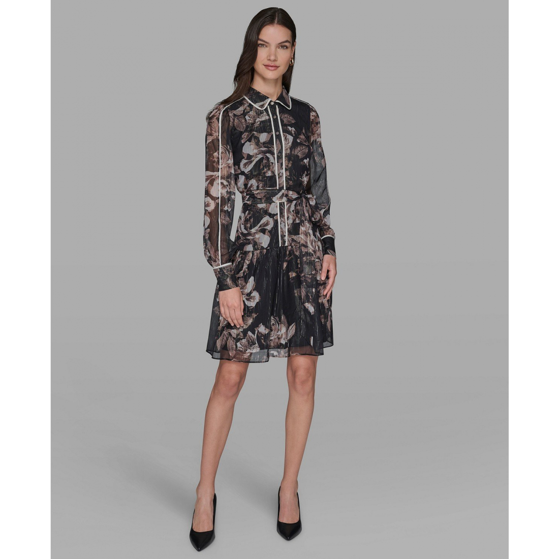 'Printed Crinkle Chiffon Collared Shirt Dress' pour Femmes