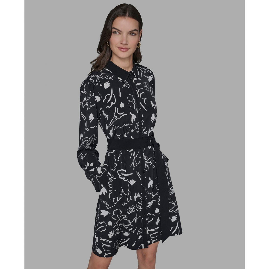 'Printed Silky Crepe Belted Shirt Dress' pour Femmes