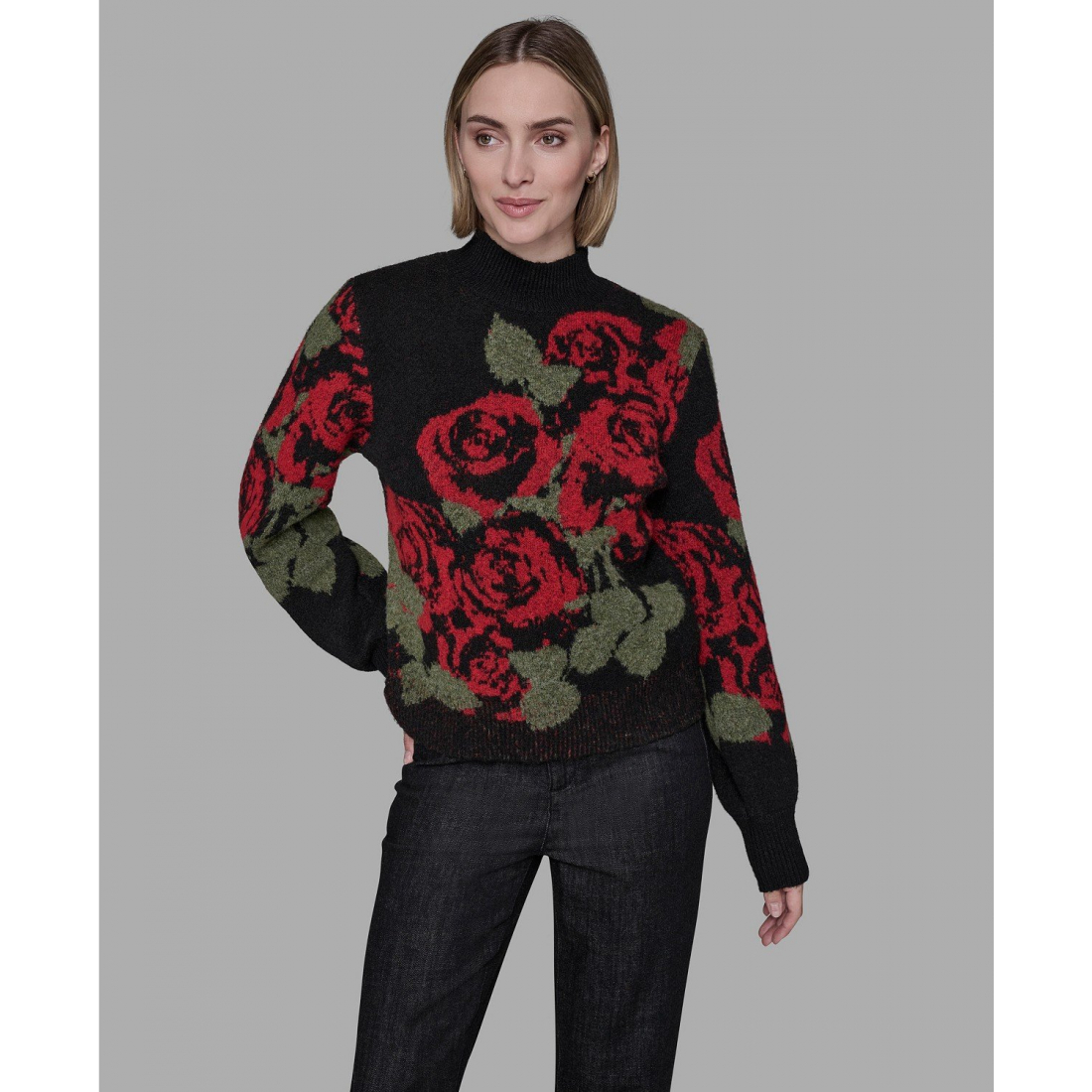 'Mock Neck Rose Print Sweater' pour Femmes