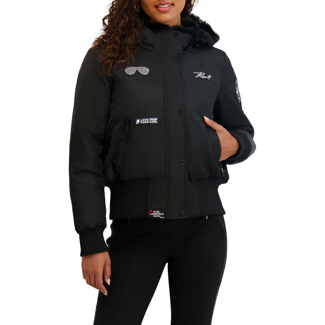 'Patchwork Hooded with Faux Fur Trim' Crop Jacke für Damen